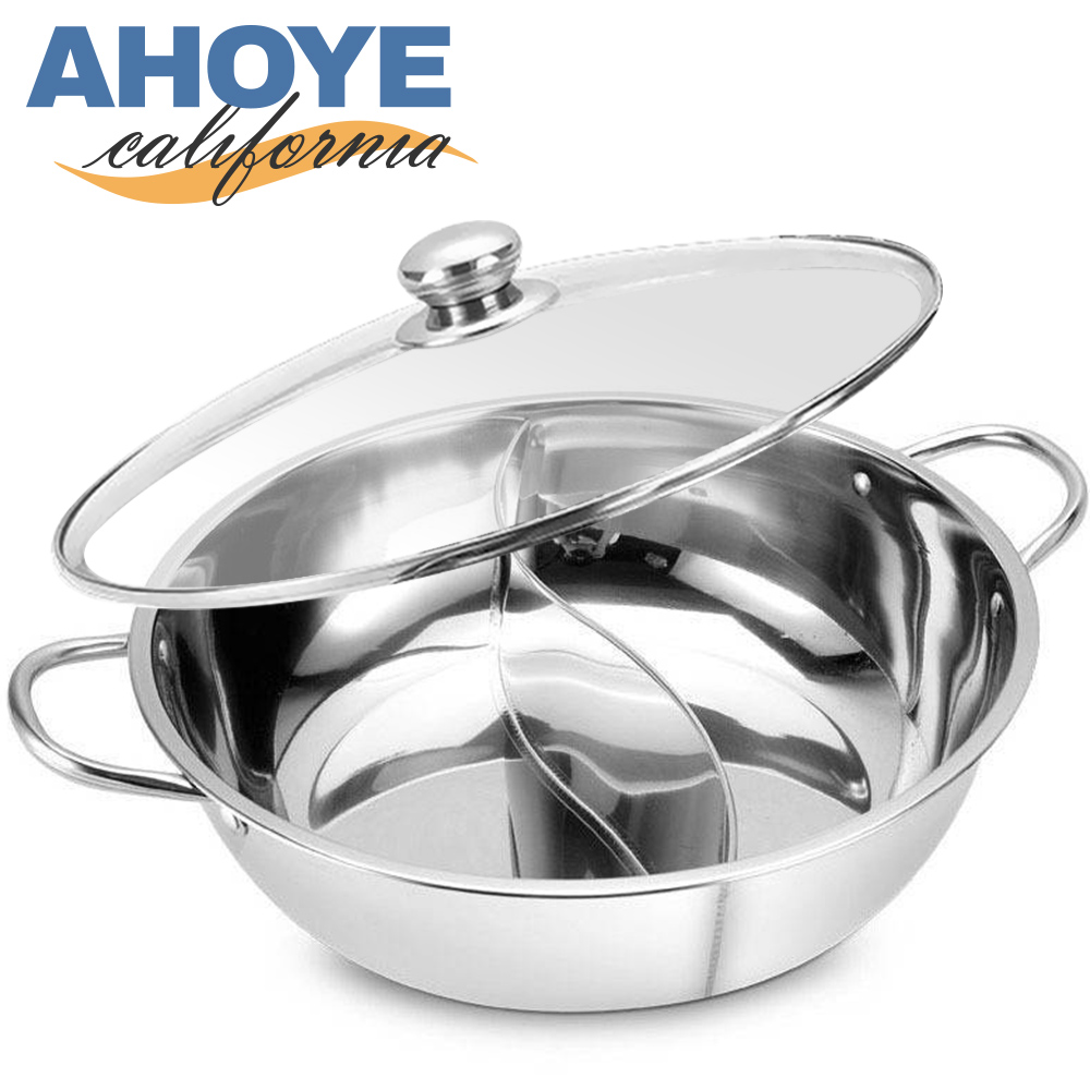【Ahoye】加厚不鏽鋼鴛鴦鍋 30cm 附鍋蓋 (電磁爐適用) 火鍋 雙耳湯鍋