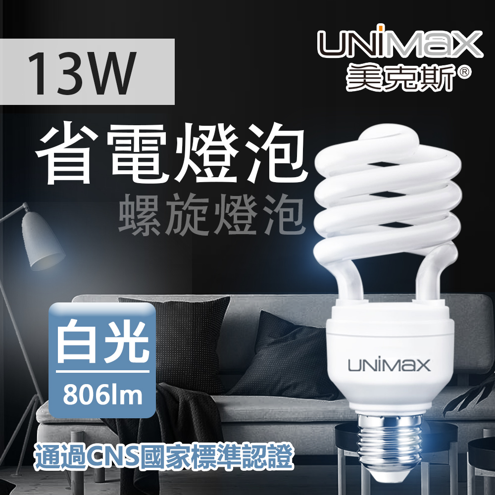 【美克斯UNIMAX】13W 螺旋省電燈泡 E27 節能 省電 白光 單入