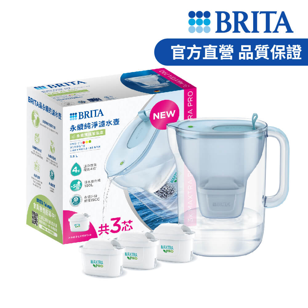 【德國BRITA官方】永續版 Style MXPRO 3.6L 純淨濾水壺+2入純淨全效型濾芯 冰川藍 (共3芯)