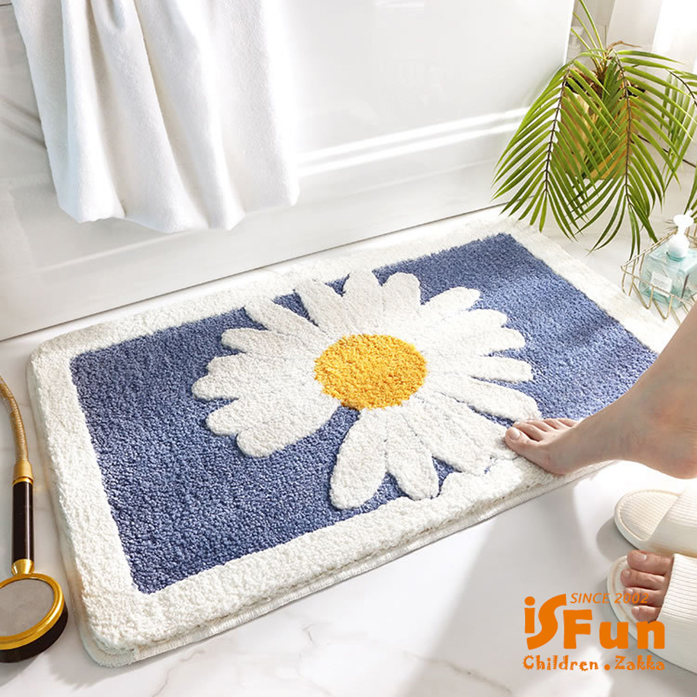 【iSFun】清新雛菊＊加厚吸水絨毛腳踏浴室地墊50x80cm/藍