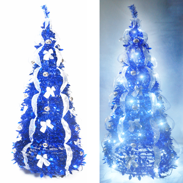 6尺/6呎(180cm)浪漫裝飾彈簧摺疊聖誕樹(銀藍色系)+一組LED100燈串(白光)