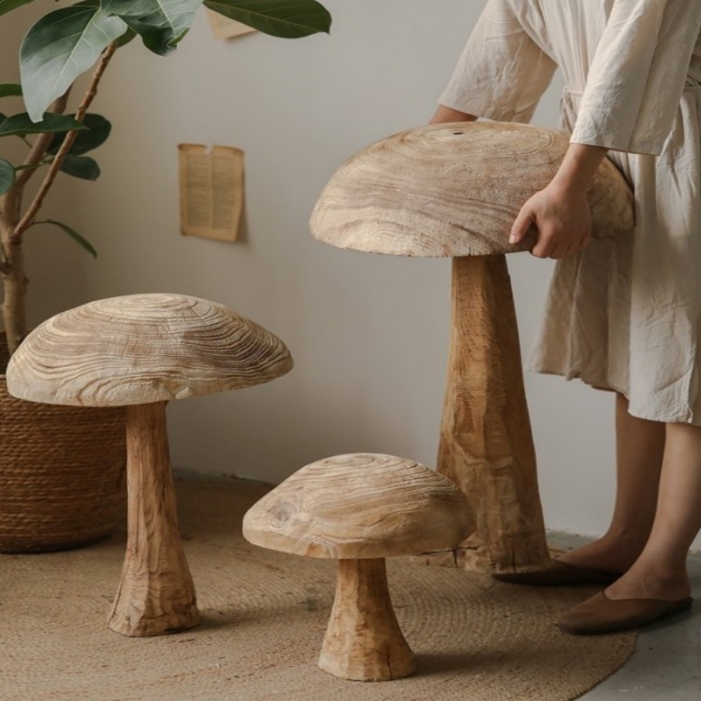 侘寂風復古木質落地香菇蘑菇造景擺飾工藝品-中