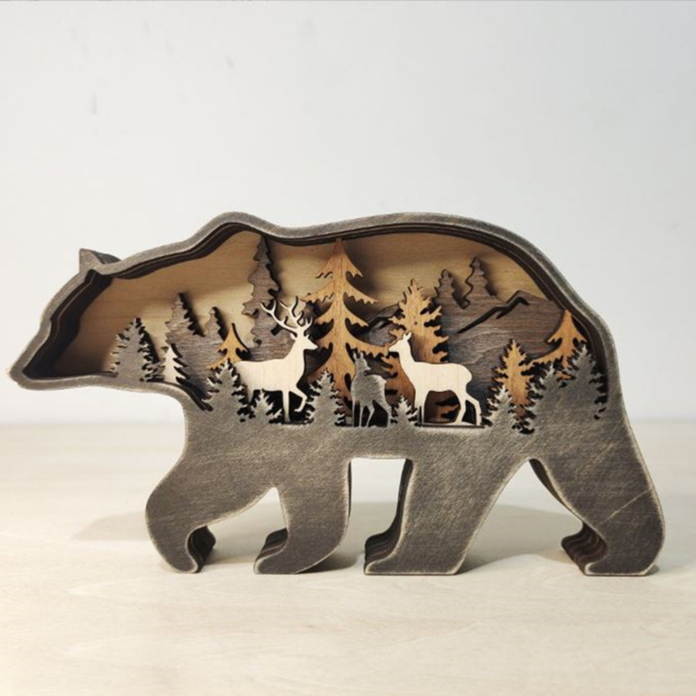 創意動物造型木質雕桌面擺飾工藝品(無燈串)-熊