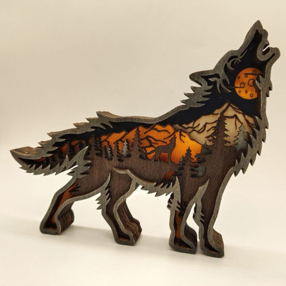 創意動物造型木質雕桌面擺飾工藝品(無燈串)-狼