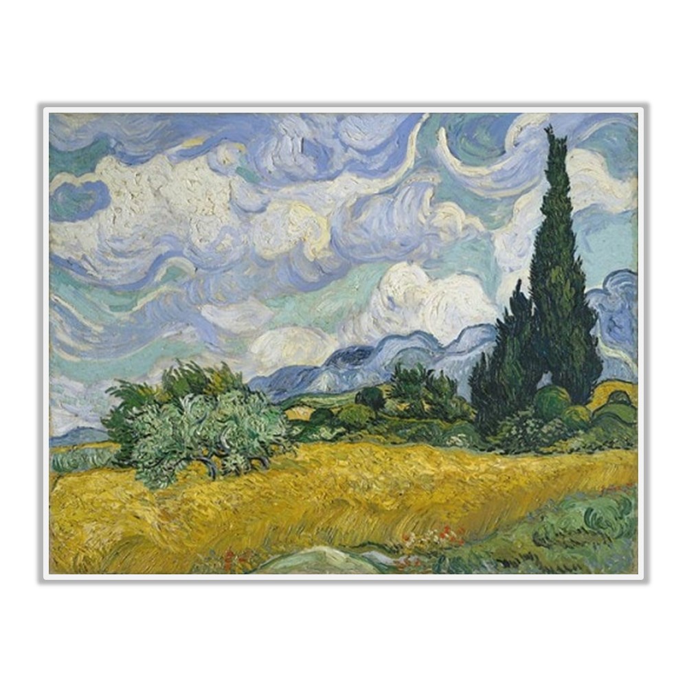 《麥田裡的絲柏樹》梵谷．後印象派 世界名畫 風景油畫-40x60CM