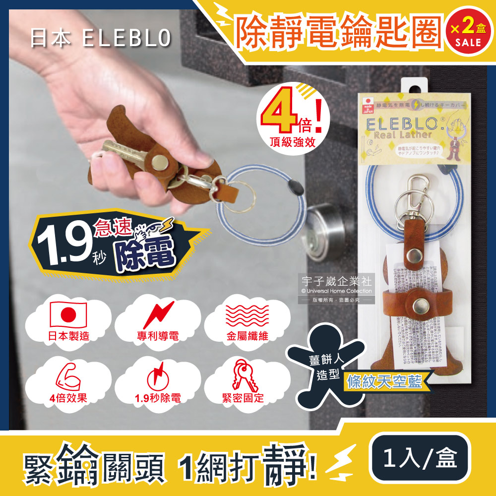 (2盒)日本ELEBLO-薑餅人造型皮革旅行防靜電鑰匙圈-條紋天空藍1入/盒