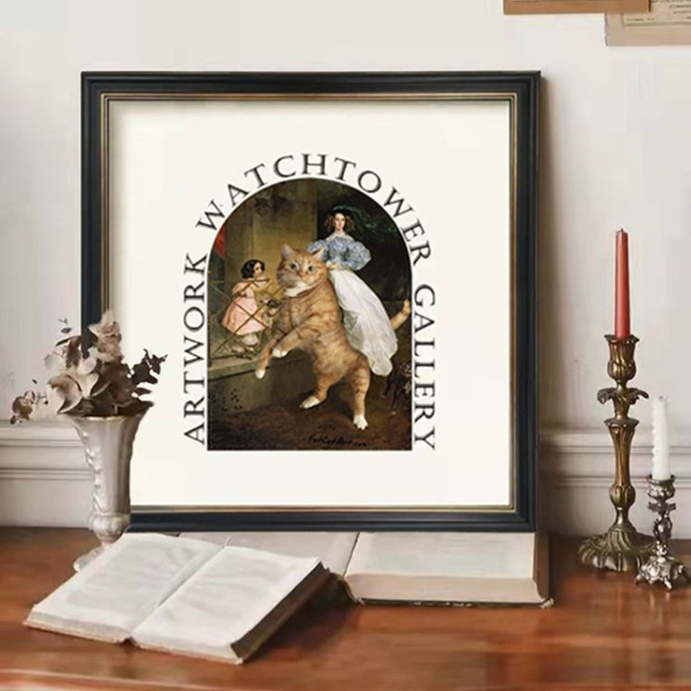 法式輕奢復古壁畫裝飾畫桌面擺飾40*40CM-貓騎士