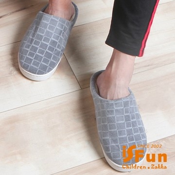 【iSFun】包覆格紋＊男女刷毛保暖室內拖鞋/鉛筆灰/4445號