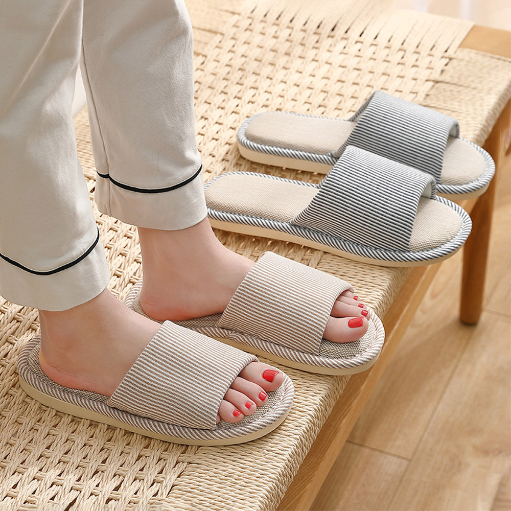 SUNORO 日式直條紋亞麻居家男女室內拖鞋