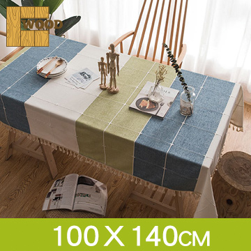 【品樂．Wood】韓版藍綠格子流蘇亞麻復古繡花桌布(100*140cm)