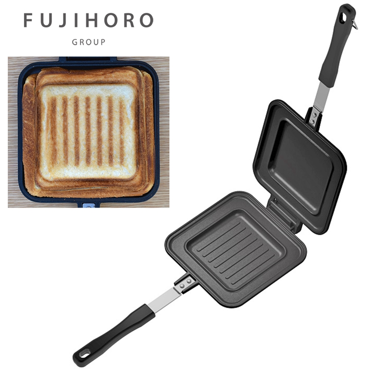 日本富士琺瑯FUJIHORO熱壓吐司三明治烤盤HS-11007條紋式(不沾鍋鐵氟龍+鋁合金製;適直火瓦斯爐)