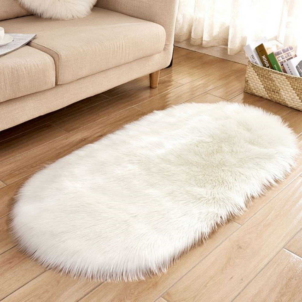 仿羊毛橢圓形床邊地墊地毯50*120CM白色