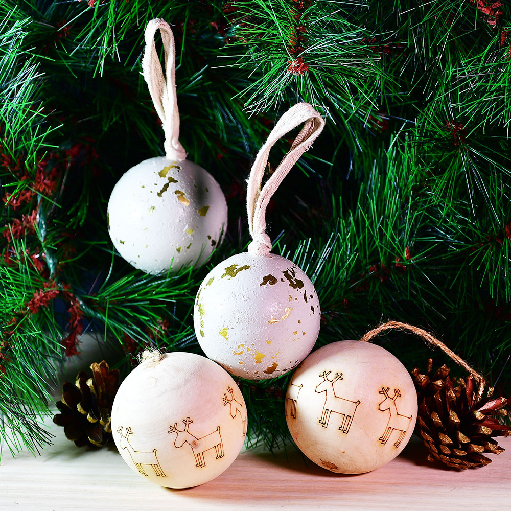木質聖誕裝飾球/吊飾/掛件四件組(淡褐)