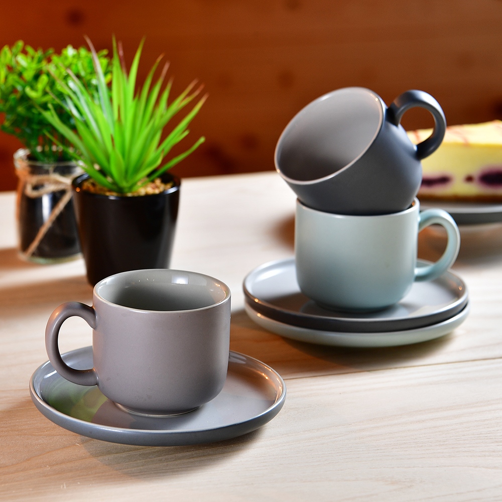 【YU Living】莫蘭迪色系陶瓷咖啡杯盤二套組 咖啡杯碟 早餐杯 200ML(二杯二盤/3色)