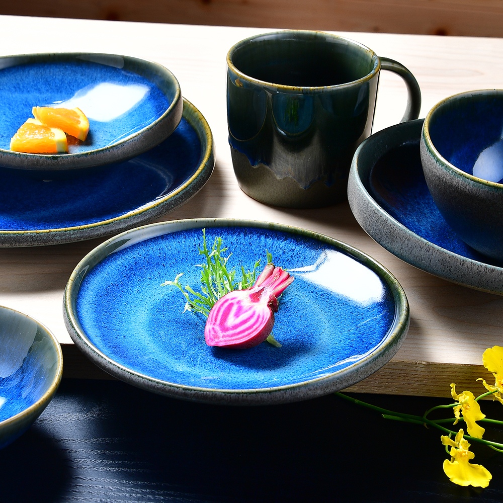 【YU Living】藍色流釉陶瓷餐盤二件組 點心餐盤 圓盤 盤子 七吋盤 (藍色)
