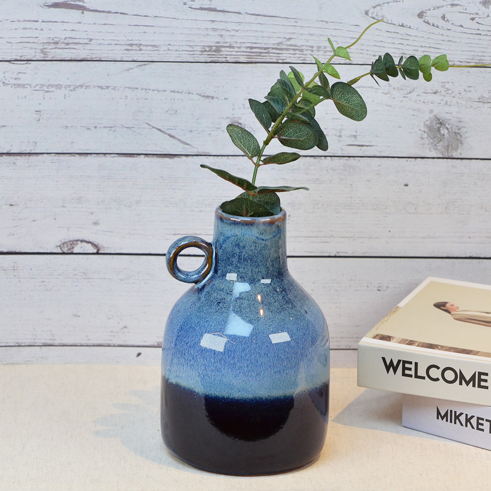 【YU Living】陶瓷窄口圓圈提把窯變釉花瓶(藍色/花器 桌上擺飾)