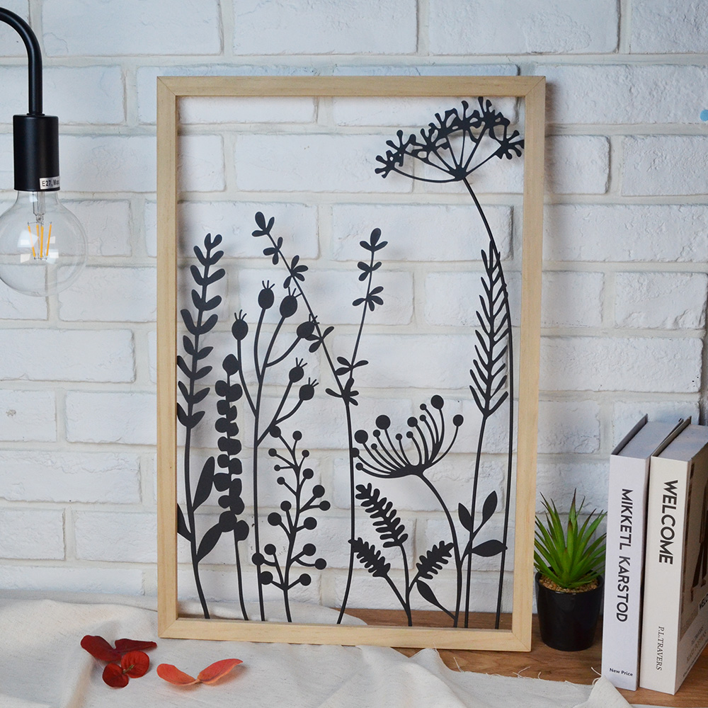 【YU Living】鐵藝花草造型掛牆裝飾-松木框 40X60cm(黑+原木色)