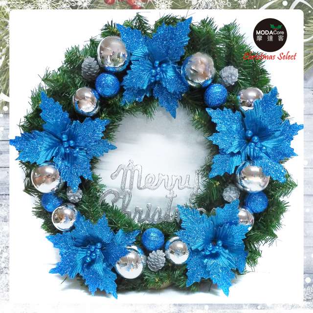 摩達客耶誕-台製24吋豪華高級聖誕花圈(藍花銀球系)(免組裝)