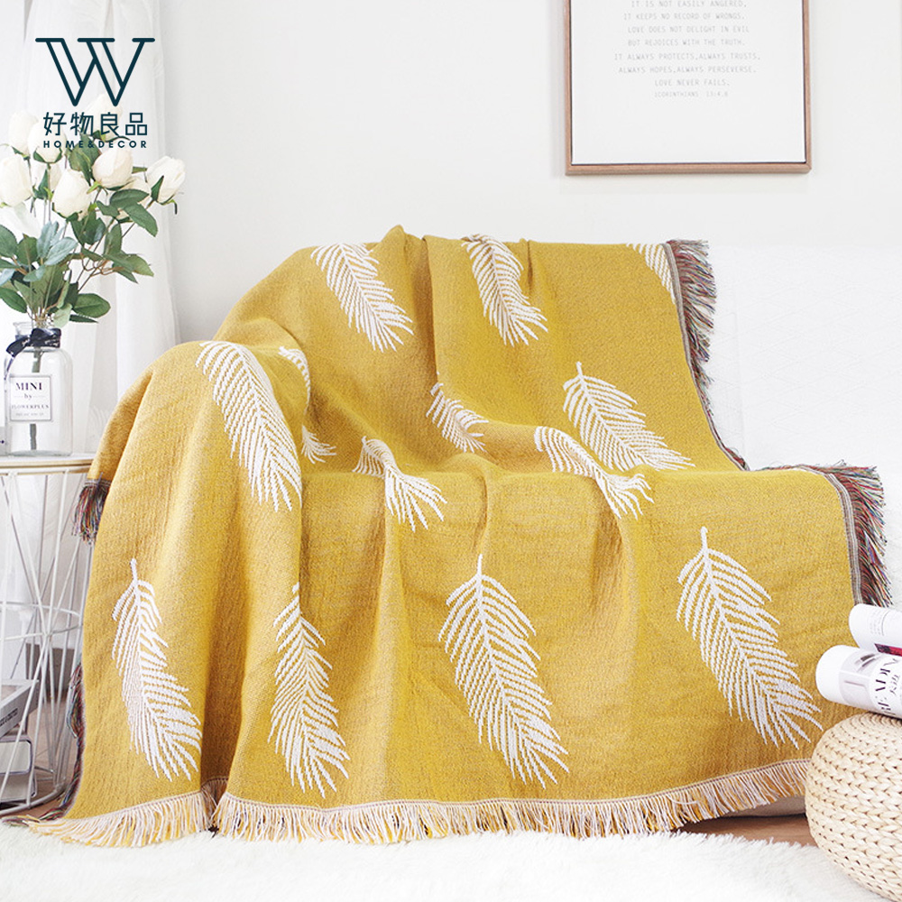 【好物良品】INS家居風格雙面地墊針織沙發蓋毯-130x160cm《黃色羽毛》