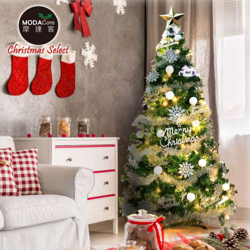 摩達客耶誕-台灣製6尺(180cm)高級豪華版綠聖誕樹+冰雪銀白系飾品組+100燈LED燈暖白光2串(附IC控制器)