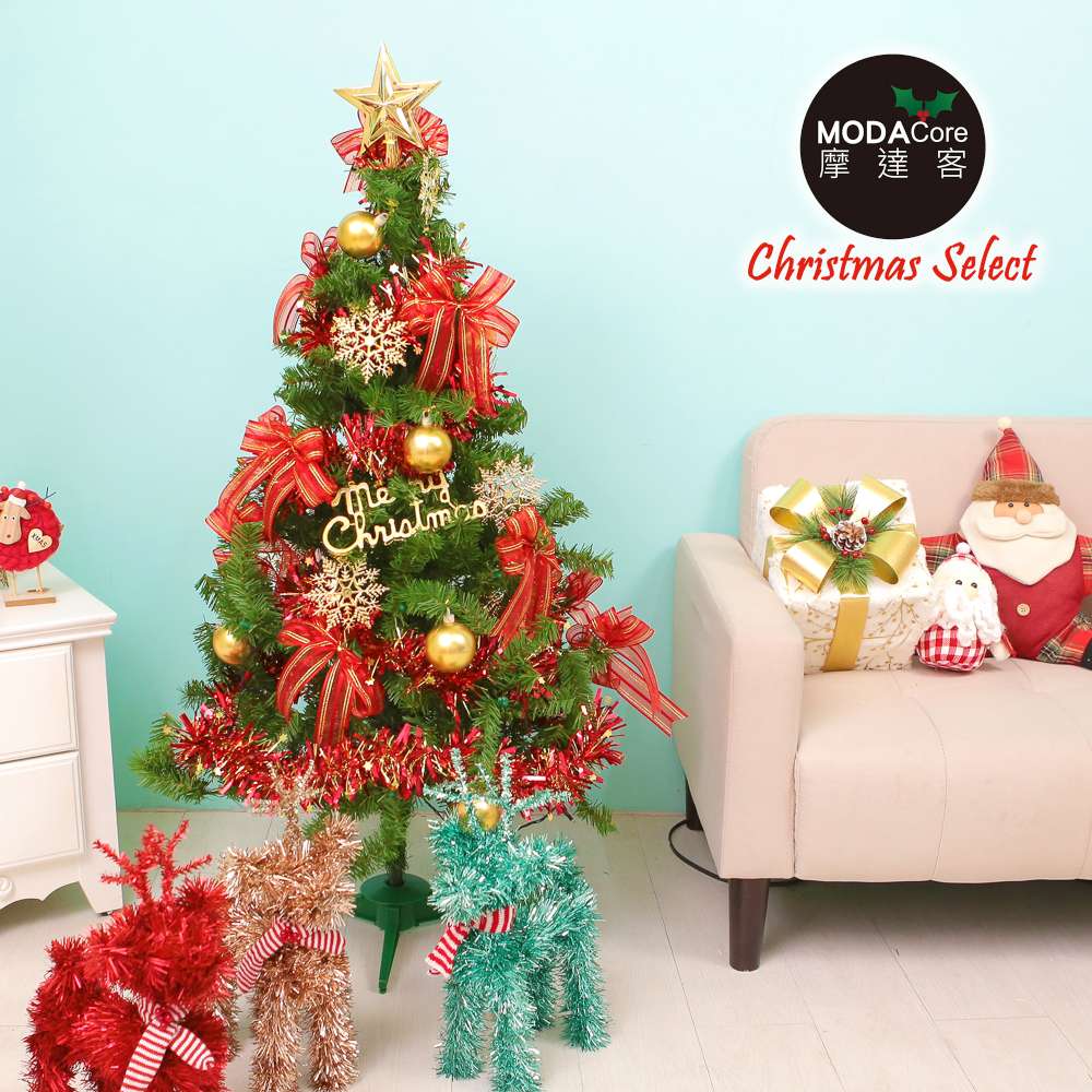摩達客耶誕-4尺/4呎(120cm)特仕幸福型裝飾綠色聖誕樹(綺紅金雪系配件)超值組含全套飾品不含燈