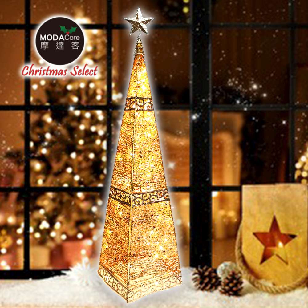 摩達客耶誕-180cm復古歐式聖誕裝飾四角樹塔(金色系)+LED100燈暖白光插電式燈串(附控制器)本島免運費