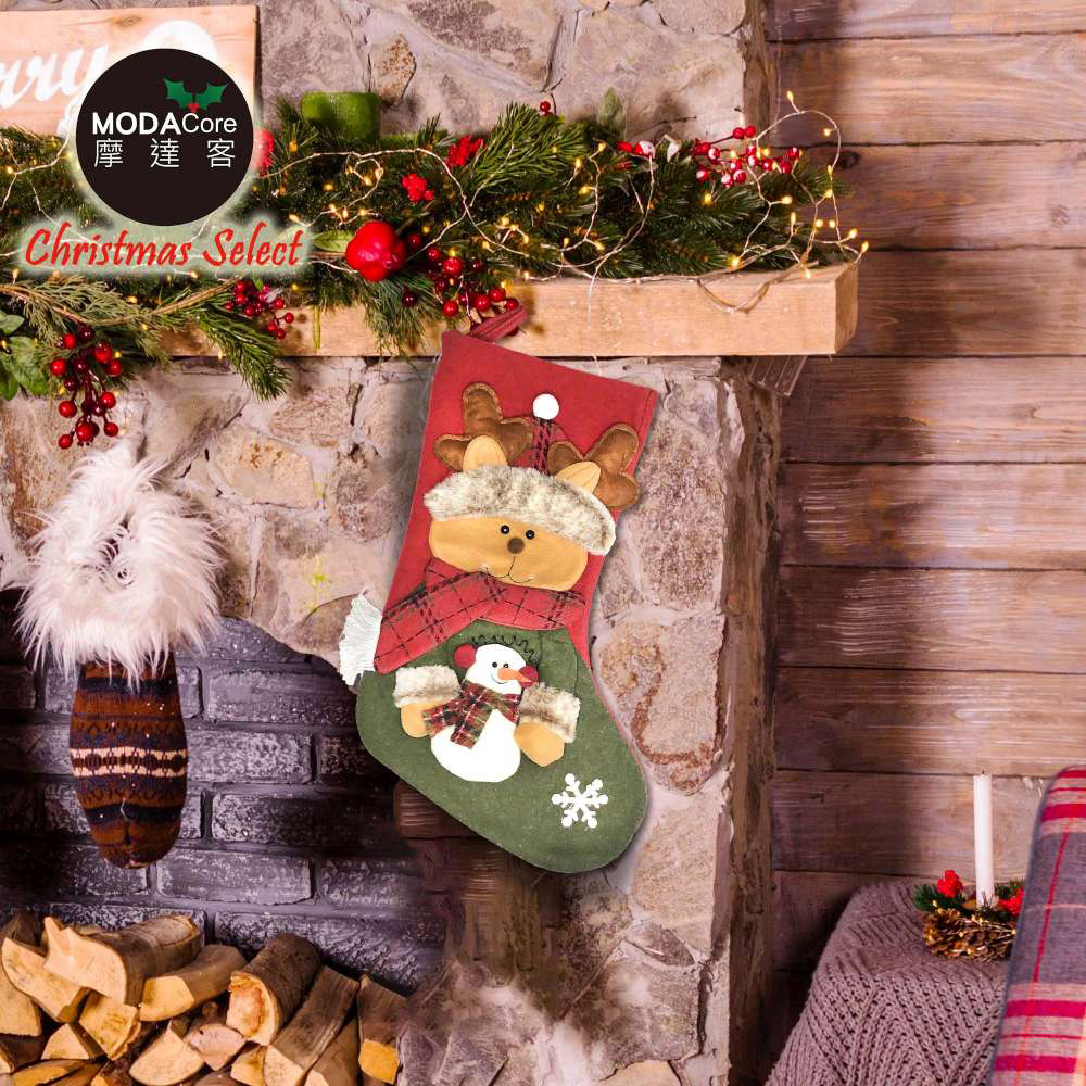 摩達客耶誕-紅綠系麋鹿抱雪人聖誕襪
