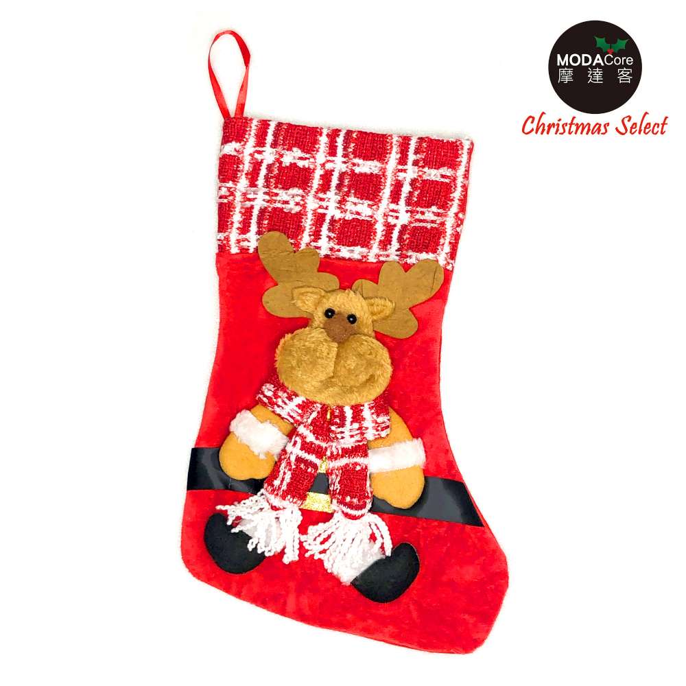 摩達客耶誕-紅白格紋麋鹿聖誕襪