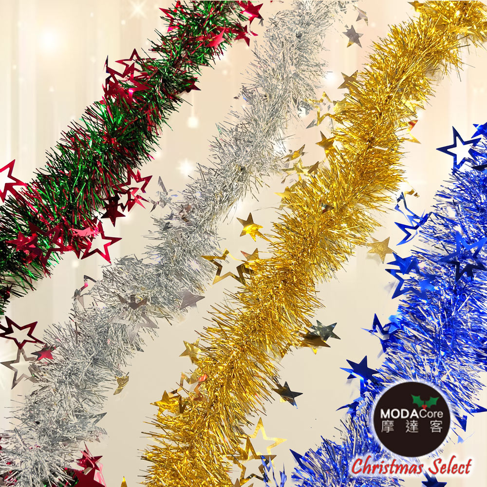摩達客-5吋簍空雙色星星彩條金蔥條龍柱(3條一組-顏色隨機出貨) 可掛聖誕樹/門窗邊/牆沿/派對裝扮用