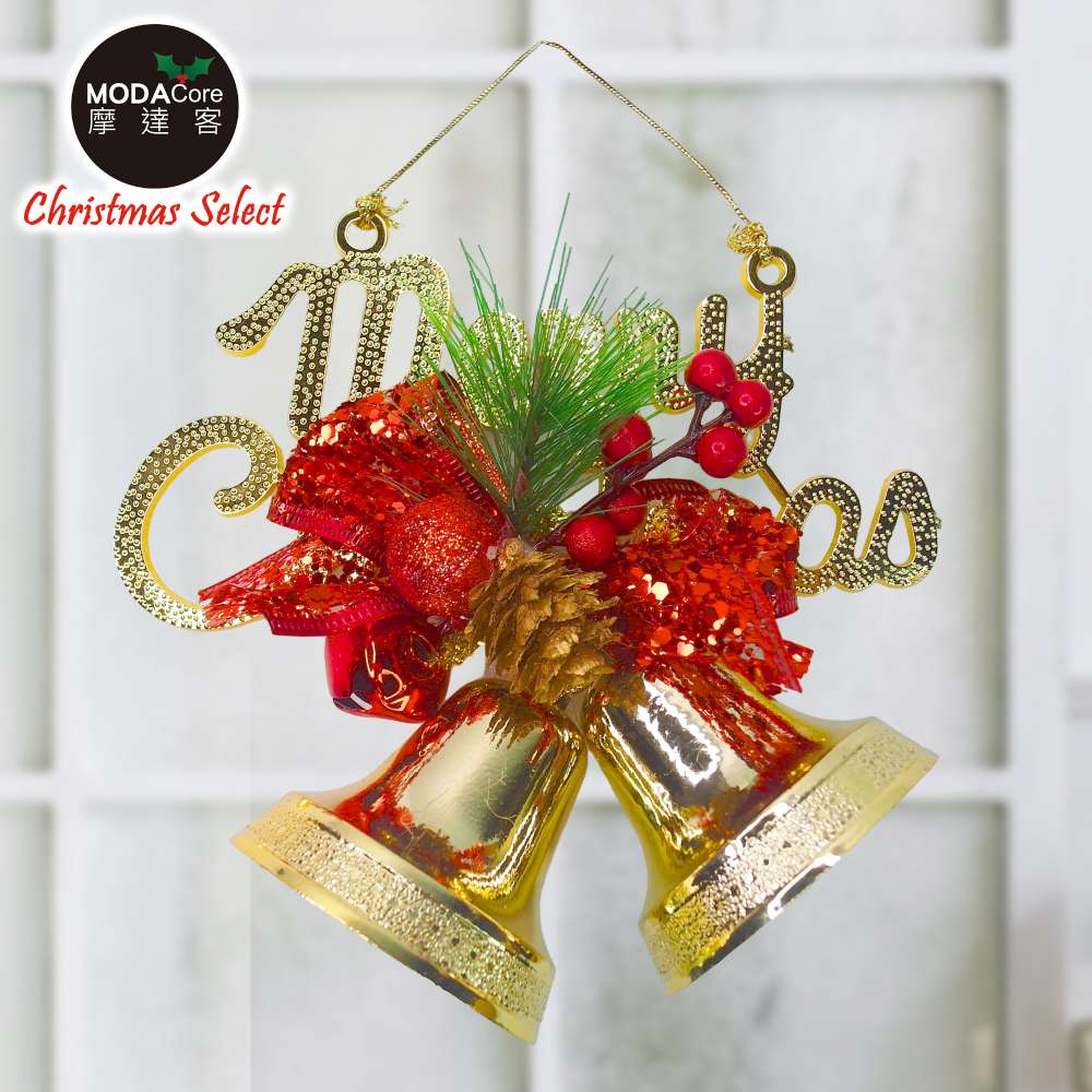 摩達客台製精緻6吋聖誕快樂英文字牌雙鐘吊飾-紅金系（歐美外銷人氣品）