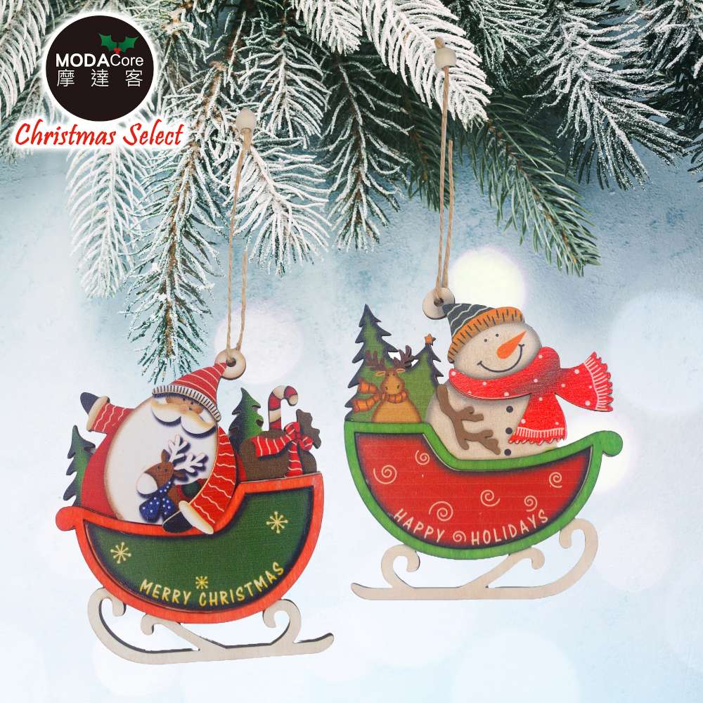 摩達客耶誕-可愛雪橇木質彩繪(單面)吊飾-聖誕老公公+雪人(一組2入)