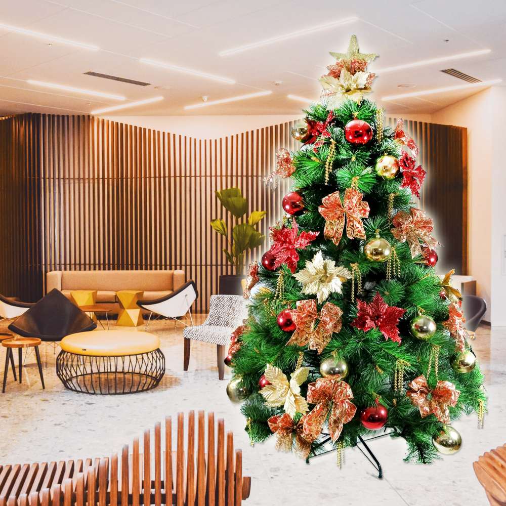 摩達客耶誕-台灣製12尺(360cm)特級綠松針葉聖誕樹+高級聖誕花蝴蝶結系配件豪華組(不含燈)飯店級