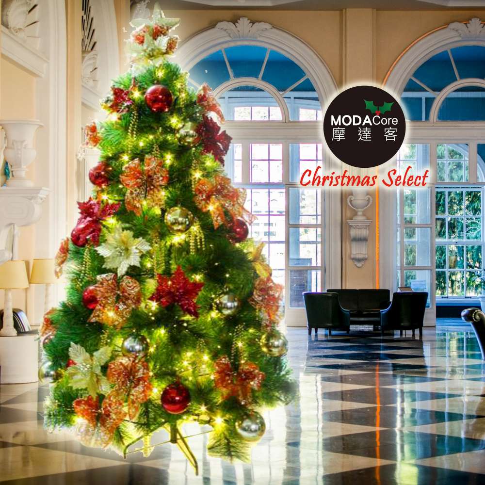 摩達客耶誕-台灣製10尺(300cm)特級綠松針葉聖誕樹+高級聖誕花蝴蝶結系配件+100燈LED燈暖白光6串