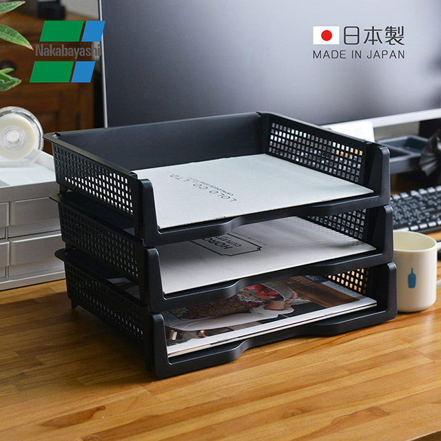 【日本仲林】日製橫式可層疊桌上用A4文件分類收納架-3入