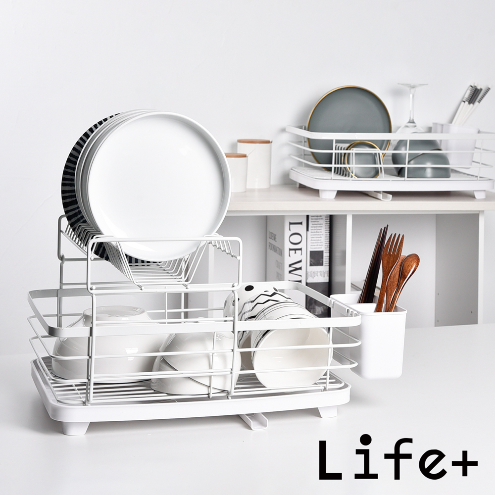 Life+ 日式簡約 雙層多功能碗盤餐具瀝水架/收納架/置物架/瀝水籃_附排水導管