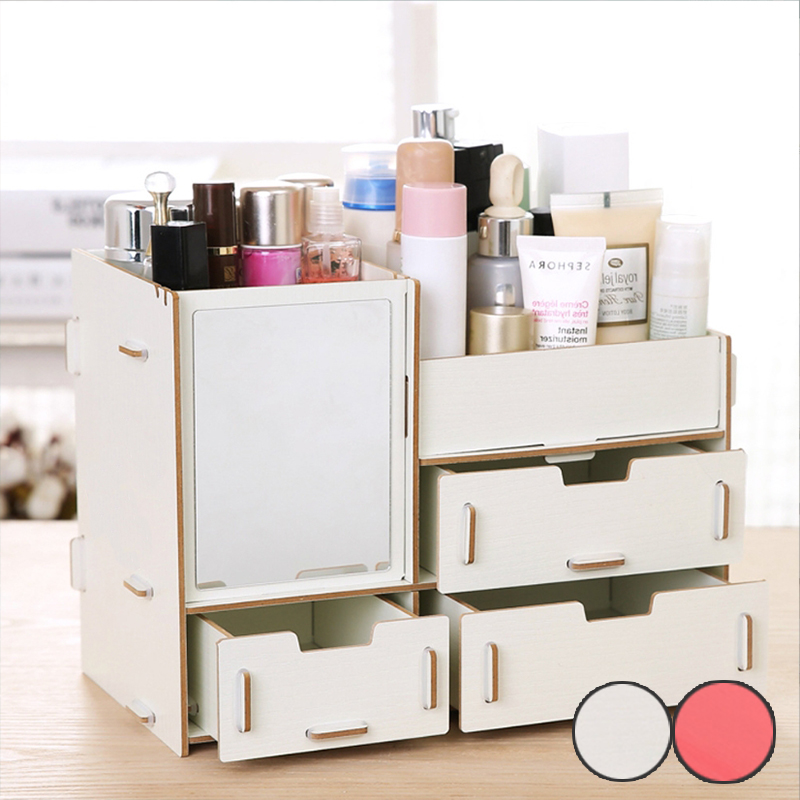 【逛逛市集】 (2入) 桌上型DIY木質 帶鏡子 衛生紙 收納盒 3抽屜款