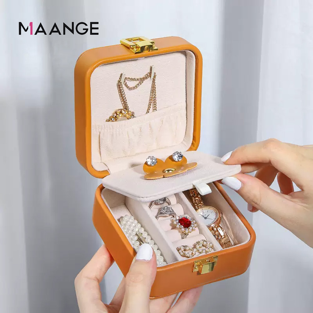 MAANGE 歐式PU皮質帶鏡首飾盒 珠寶盒 配飾收納盒 (耳環/戒指/項鏈/耳夾飾品收納盒) 橙色