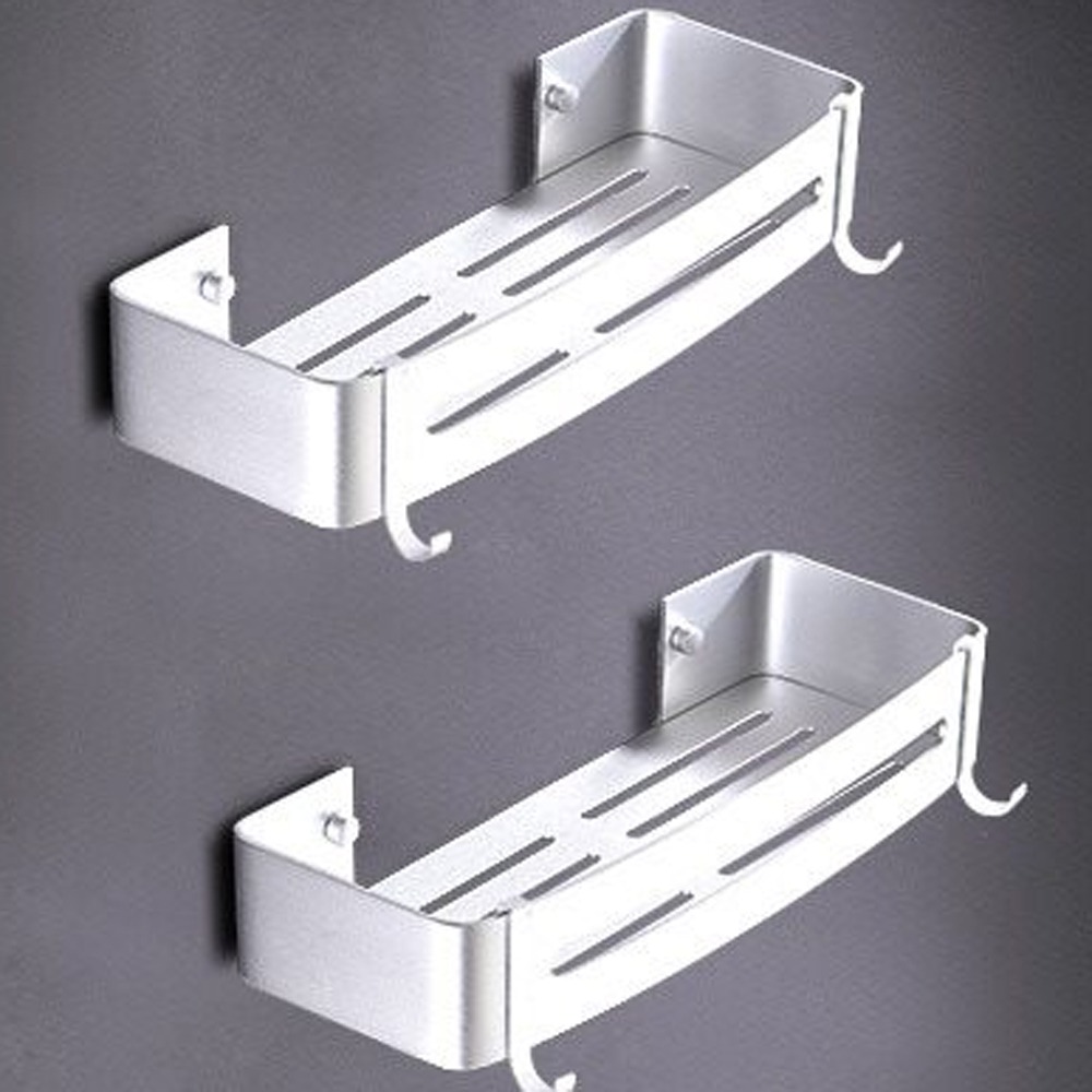 銀色 免打孔 太空鋁 長方形單層置物架帶勾 無痕免釘 多功能雙層收納架 廚房衛浴置物架