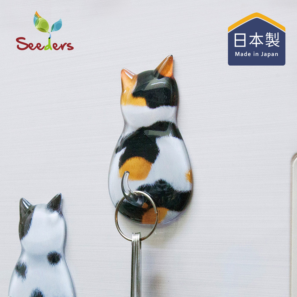 【日本Seeders】日製貓咪造型免鑽釘超黏無痕掛勾-3入-多種花色可選