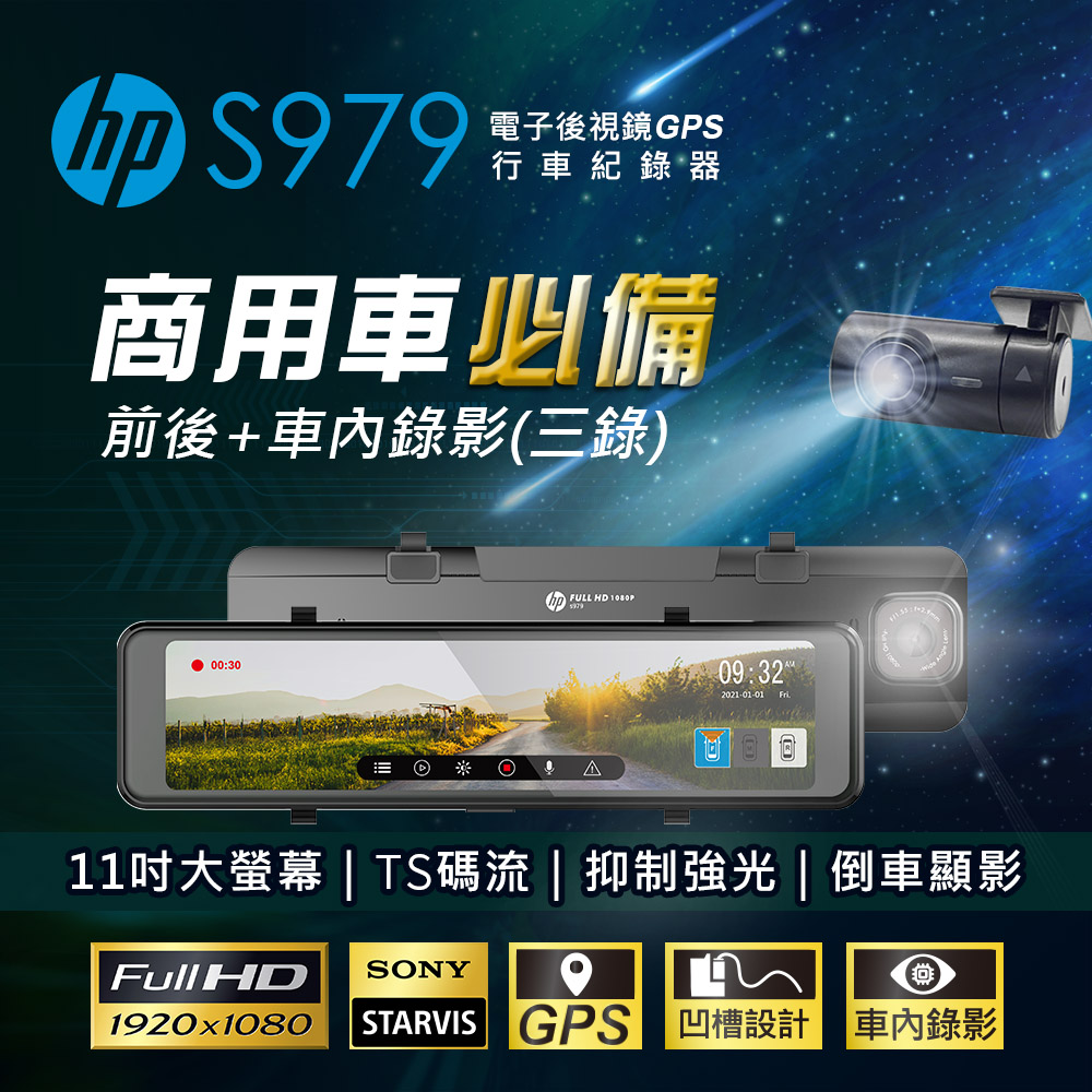 【福利品】HP 惠普 S979 電子後視鏡GPS行車紀錄器(三錄)【贈128G記憶卡】