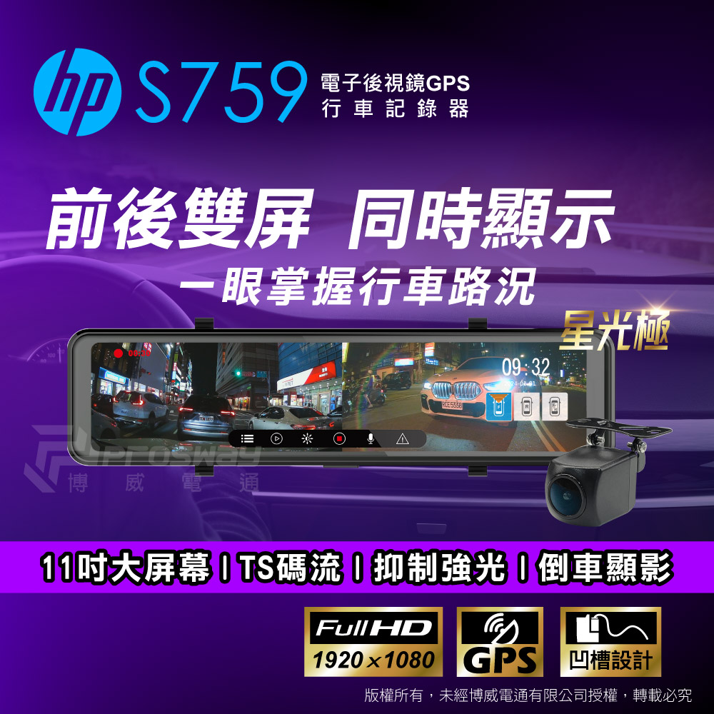 HP 惠普 S759 後視鏡型 汽車行車記錄器(贈32G記憶卡)