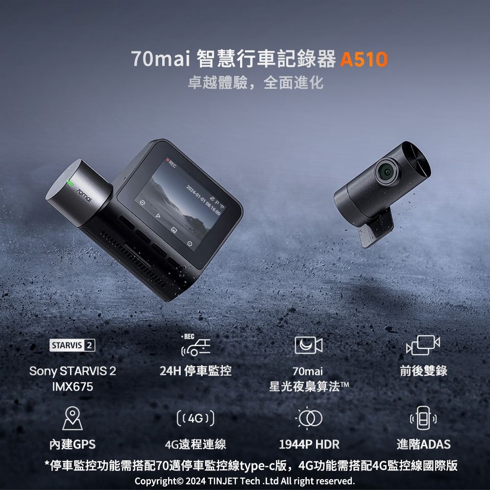 【70邁 行車記錄器】A510+RC11+256GB+監控線 二代SONY星光夜視 GPS 前後雙錄 3K HDR IMX675