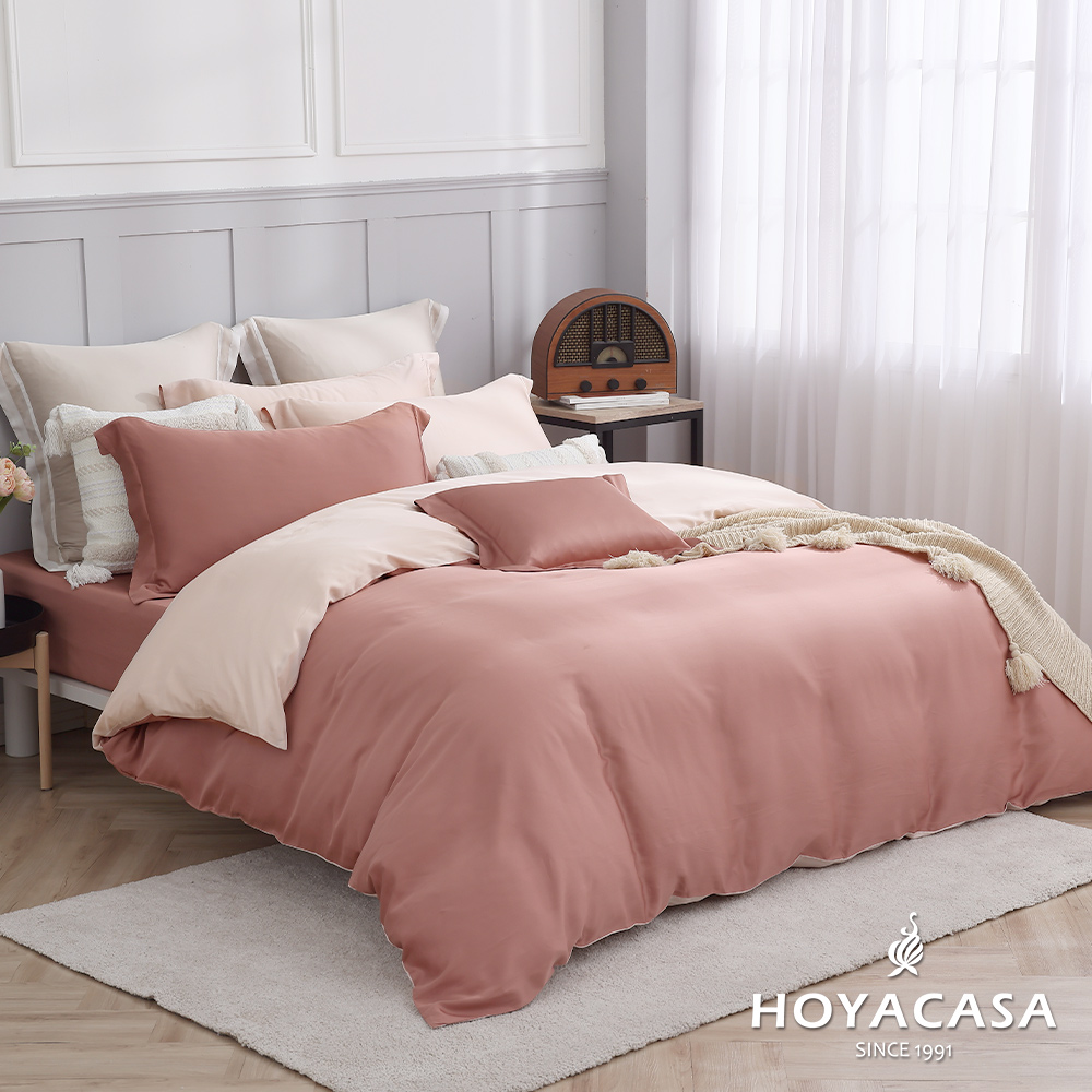 HOYACASA淺緋紅 加大60支天絲床包枕套三件組