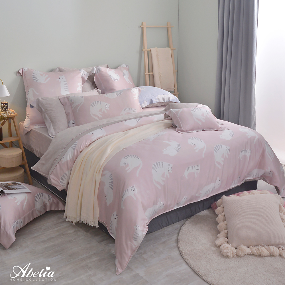 《懶懶貓》雙人天絲木漿四件式兩用被床包組-(共兩色)-粉色