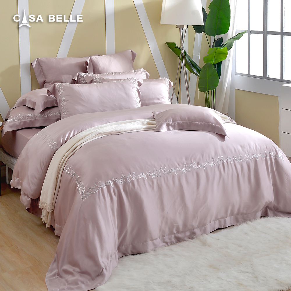 《維爾克》加大天絲刺繡四件式防蹣抗菌吸濕排汗兩用被床包組(共三色)-粉色