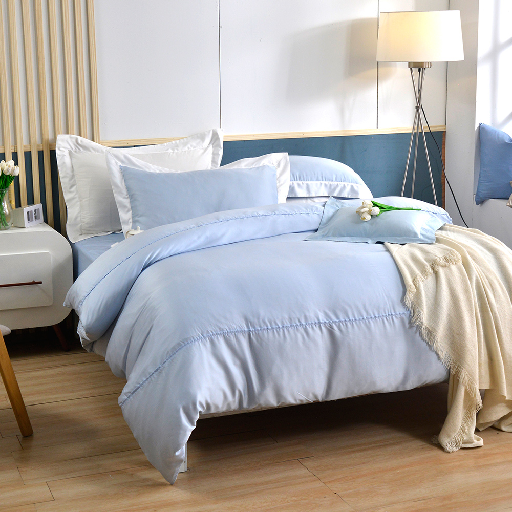 澳洲Simple Living 特大長效涼感天絲福爾摩沙拼接被套床包組-台灣製(淺藍x白)