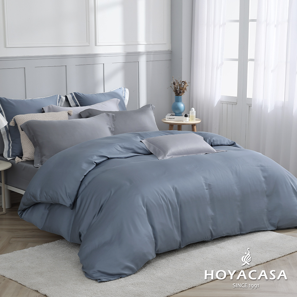 HOYACASA沉穩灰藍(薄霧藍x星辰銀) 加大四件式60支天絲兩用被床包組
