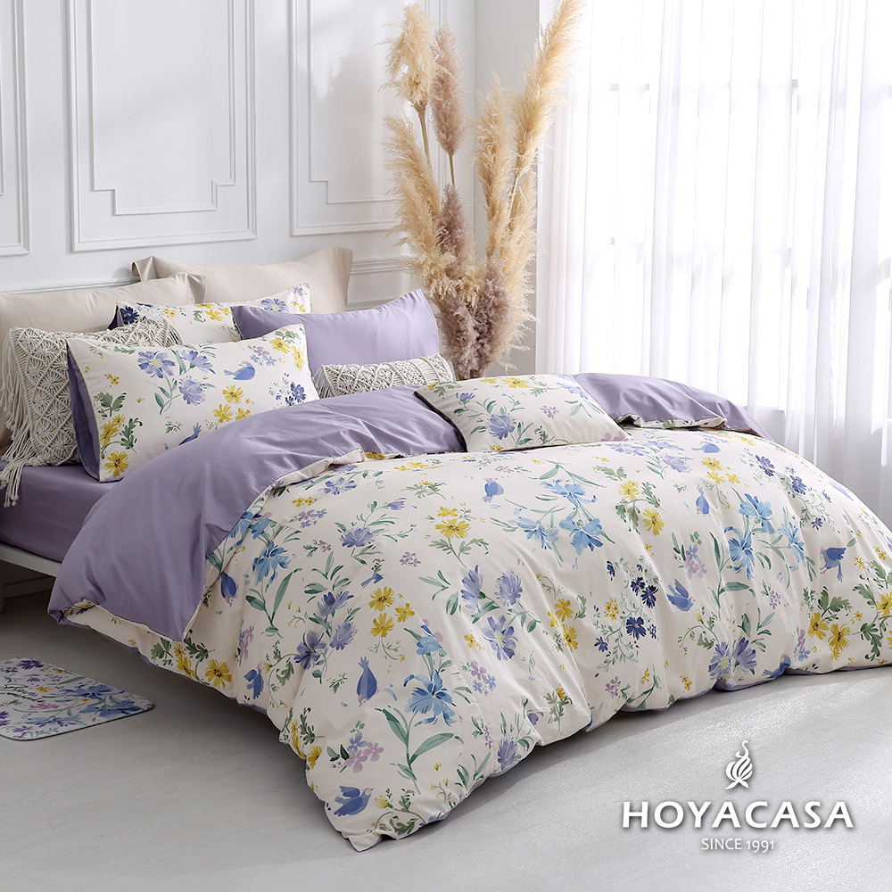 HOYACASA x wwiinngg聯名系列-加大300織沐光長絨棉薄被套床包組-紫夢花漾