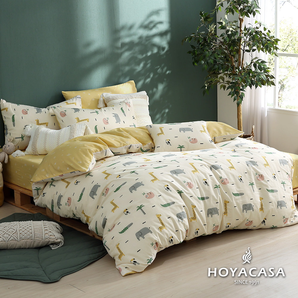 HOYACASA童趣生活 加大四件式純棉兩用被床包組(天絲入棉30%)
