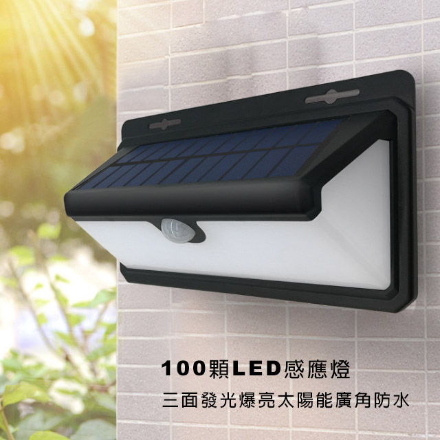 三面發光爆亮太陽能廣角防水 100顆LED感應燈